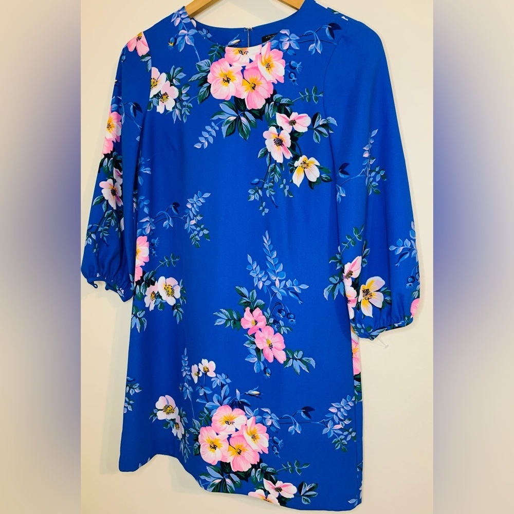 Ann Taylor Poppy Lantern Sleeve Floral Shift Dress In Seashore Blue SZ 0P! - Picture 6 of 12